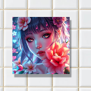 Blommigt av vacker Anime Girl Glitchcore Kakelplatta