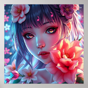 Blommigt av vacker Anime Girl Glitchcore Poster