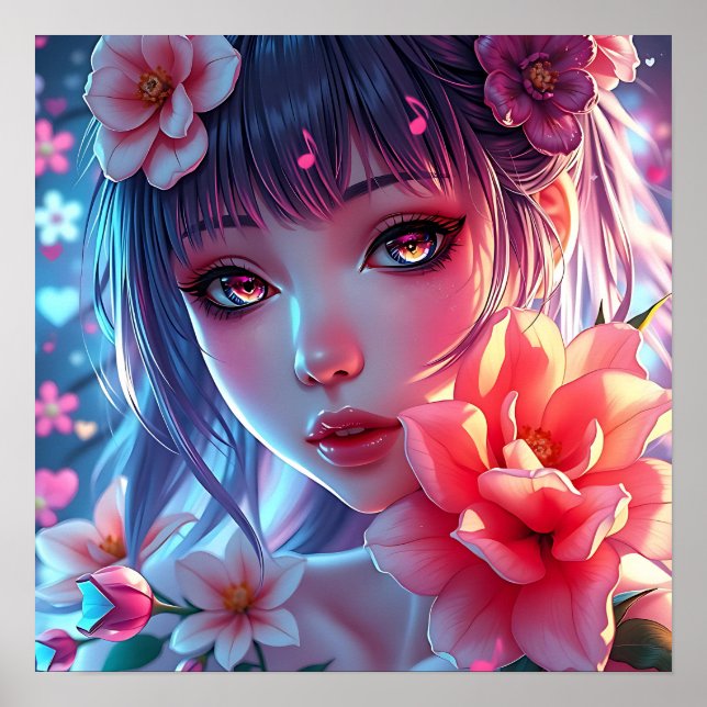 Blommigt av vacker Anime Girl Glitchcore Poster (Framsidan)