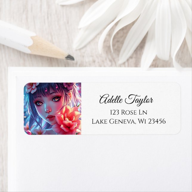Blommigt av vacker Anime Girl Glitchcore Returadress Etikett (Insitu)