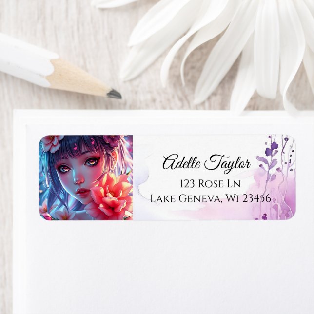 Blommigt av vacker Anime Girl Glitchcore Returadress Etikett (Insitu)