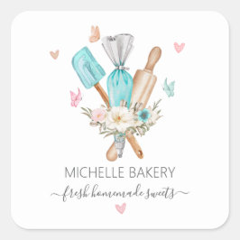 Blommigt av vattenfärg Baking Utilils bakery Fyrkantigt Klistermärke