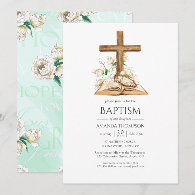 Blommigt av vattenfärg Baptism/ Christening/ Dedic Inbjudningar (Fram/baksida)