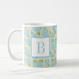 Blommigt av vattenfärg Blue Hydrangea Initial Mono Kaffemugg