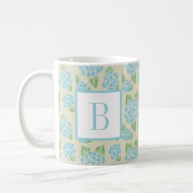 Blommigt av vattenfärg Blue Hydrangea Initial Mono Kaffemugg (Vänster)