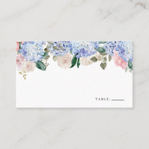 Blommigt av vattenfärg Blue Hydrangea och Rosa ros Placeringskort