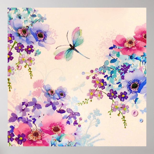 Blommigt av vattenfärg Butterfly Garden Glitter Poster (Framsidan)