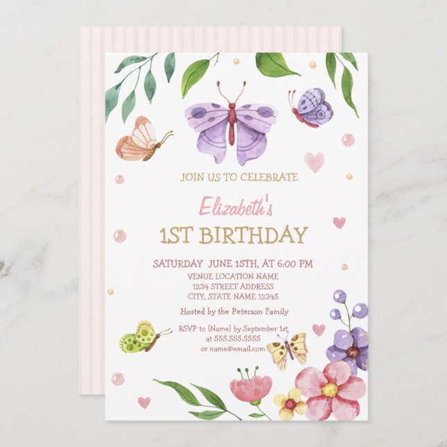 Blommigt av vattenfärg Buttetrfly Stripe Birthday Inbjudningar (Fram/baksida)