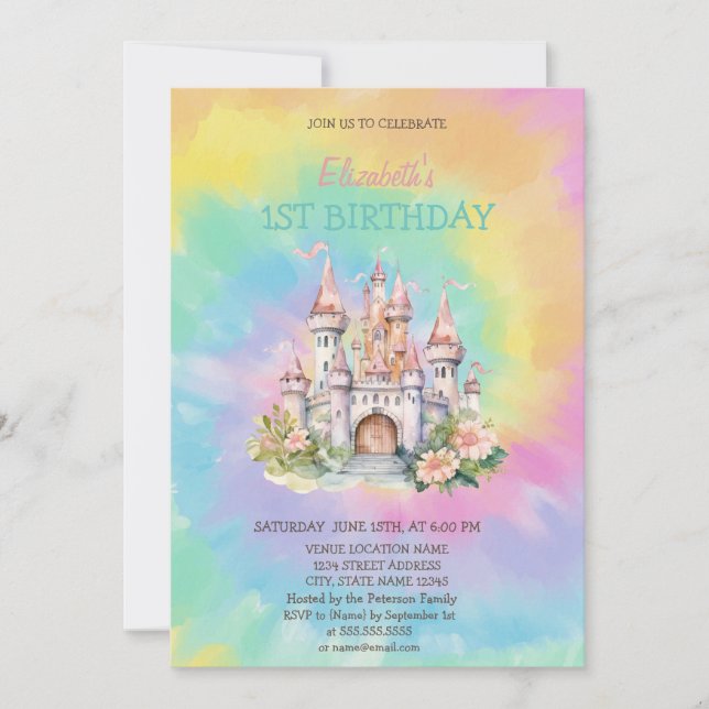 Blommigt av vattenfärg: Castle Tie Dye Birthday Inbjudningar (Framsida)