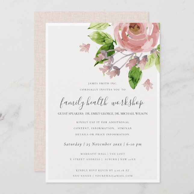 BLOMMIGT AV VATTENFÄRG FÖR  ROSA, ARBETSSHOP-HÄNDE INBJUDNINGAR (Fram/baksida)