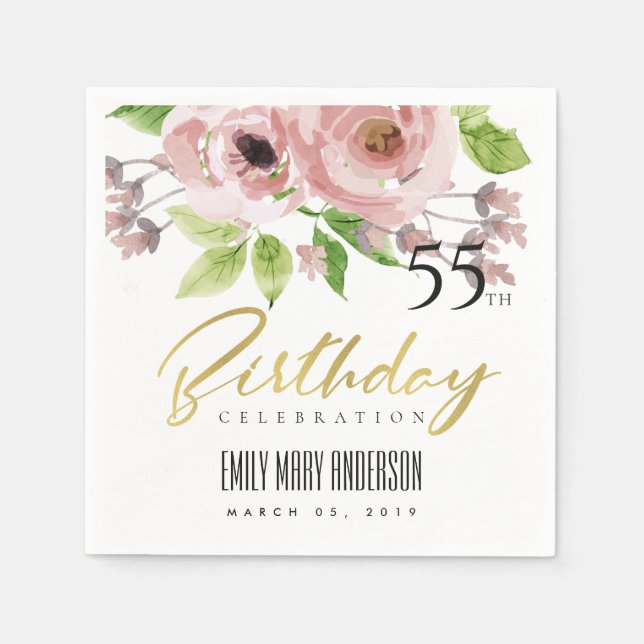 BLOMMIGT AV VATTENFÄRG FÖR  ROSA VARJE ÅLDER BIRTH PAPPERSSERVETT (Framsidan)