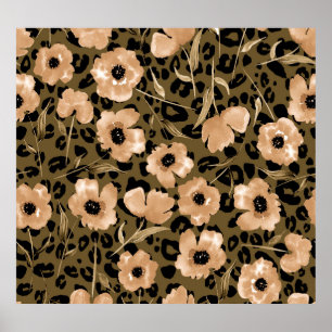 Blommigt av vattenfärg Leopard: ändlös Mönster Poster