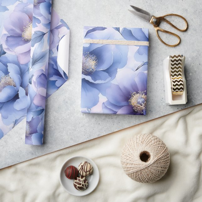 Blommigt av vattenfärg Pastel Blue och Lila Peony Presentpapper (Hantverk)