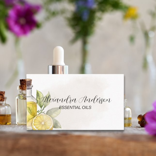 Blommigt av vattenfärgad Gult Lemon Essential Oils Visitkort (Watercolor Yellow Floral Lemon Essential Oils Business Card)