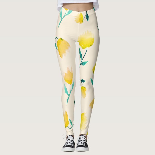 Blommigt av vattenfärgen Abstrakt Peony Mönster Leggings (Framsida)