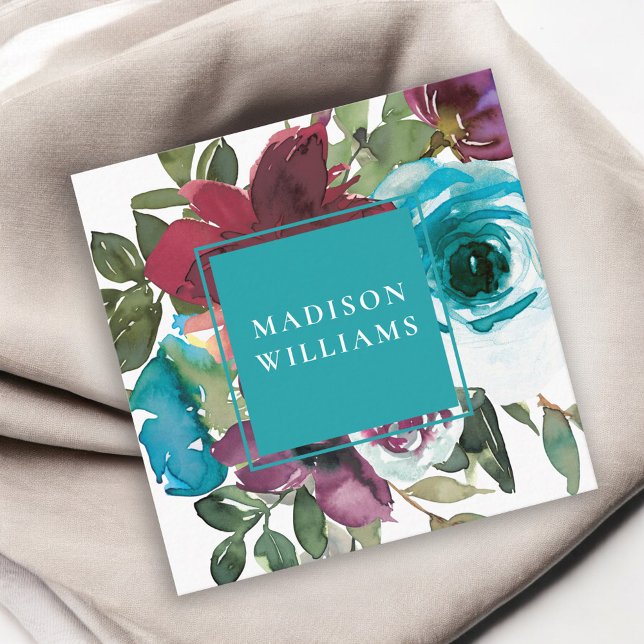 Blommigt av vattenfärgen Aqua och Burgundy Vin Fyrkantigt Visitkort (Skapare uppladdad)
