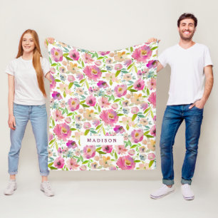 Blommigt av vattenfärgen chic Mint och Rosa Monog Fleecefilt