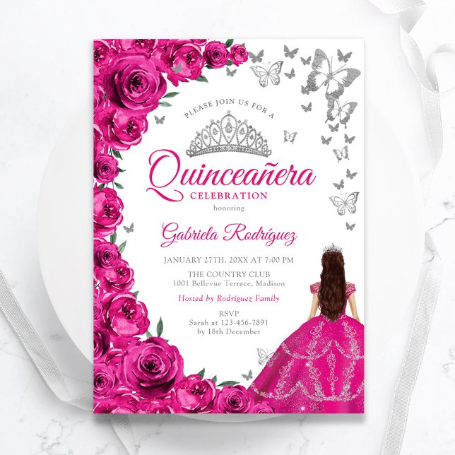 Blommigt av vattenfärgen Fuchsia Rosa Quinceanera Inbjudningar (Skapare uppladdad)