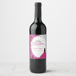 Blommigt av vattenfärgen Fuchsia Rosa Quinceanera Vinflaska Etikett