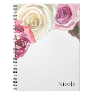 Blommigt av vattenfärgen Ro Rosa & White Chic Glam Anteckningsbok Med Spiral