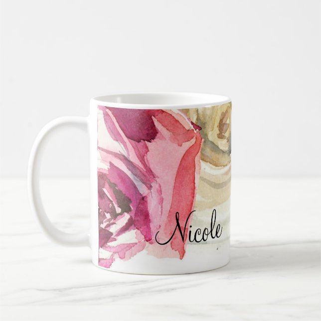 Blommigt av vattenfärgen Ro Rosa & White Chic Glam Kaffemugg (Vänster)
