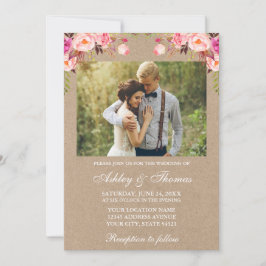Blommigt av vattenfärgen Rosa Photo Bröllop Kraft Inbjudningar