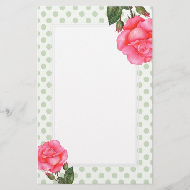 Blommigt av vattenfärgen Rosa ros Art Polka Dot Brevpapper (Framsida)