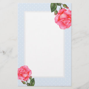 Blommigt av vattenfärgen Rosa ros Art Polka Dot Brevpapper