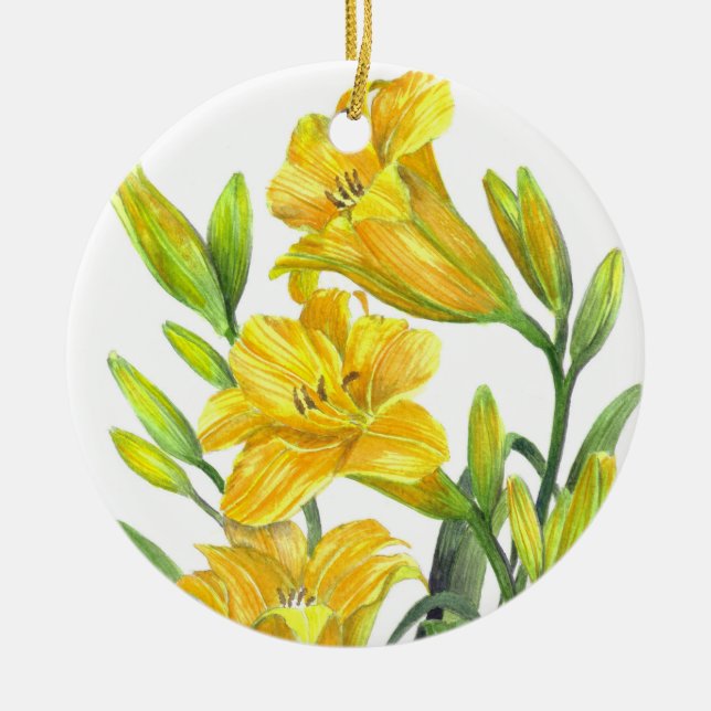 Blommigt av vattenfärgsdag Gult Lilies  Art Julgransprydnad Keramik (Framsidan)