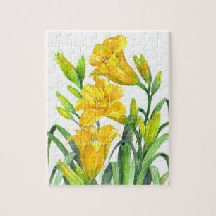 Blommigt av vattenfärgsdag Gult Lilies Art Pussel