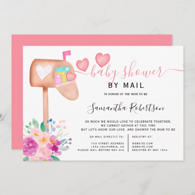 blommigt av vattenfärgsdusch med e-post inbjudningar (Fram/baksida)