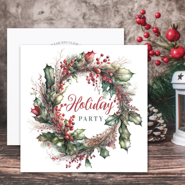 Blommigt av vattenfärgsfrö  av krandröd grönt inbjudningar (Watercolor Christmas wreath red green floral Invitation)