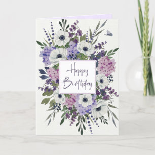 Blommigt av vattenfärgsmodell för bildad lila tack kort