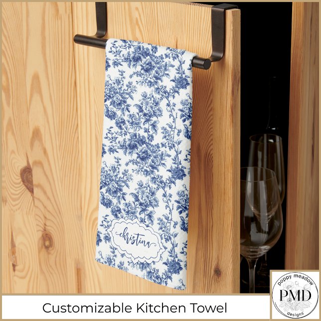 Blommigt av Vintagen anpassningsbar Navy Blue and  Kökshandduk (Custom Navy Blue and White Toile Vintage Floral Kitchen Towel with Her Name or Initials.)