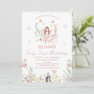 Blommigt av viskhet Rosa Fairy First Birthday Inbjudningar