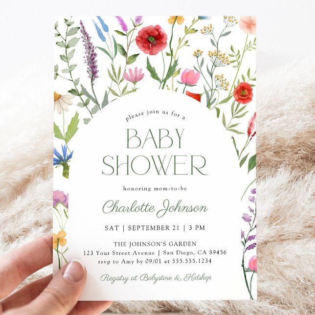 Blommigt av Wildblomsterkön Neutral Baby Shower Inbjudningar (Wildflower Floral Gender Neutral Baby Shower Invitation)