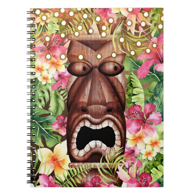 Blommigt av Wooden Hawaiian Tiki Luau Island Summe Anteckningsbok (Framsidan)
