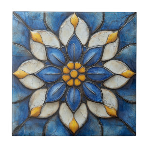 Blommigt Azulejo Blue White och Gult Kakelplatta