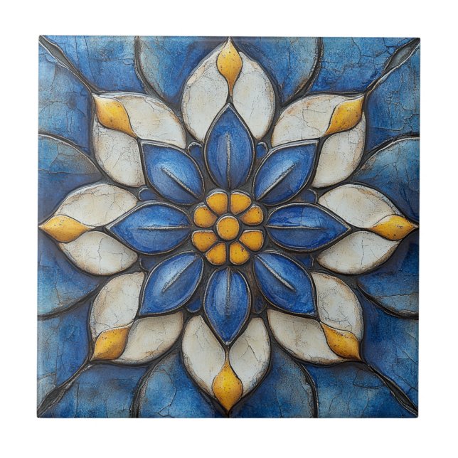 Blommigt Azulejo Blue White och Gult Kakelplatta (Framsidan)