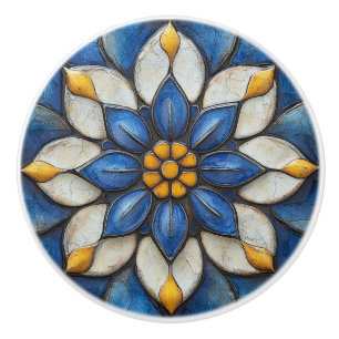 Blommigt Azulejo Blue White och Gult Knopp