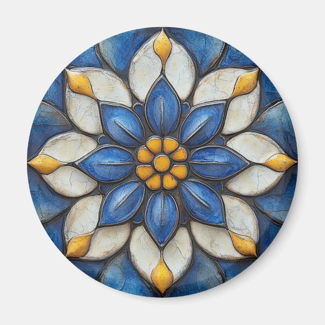 Blommigt Azulejo Blue White och Gult Magnet (Framsidan)