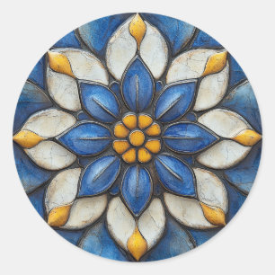 Blommigt Azulejo Blue White och Gult Runt Klistermärke