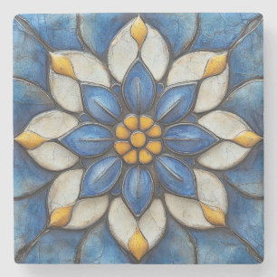 Blommigt Azulejo Blue White och Gult Stenunderlägg