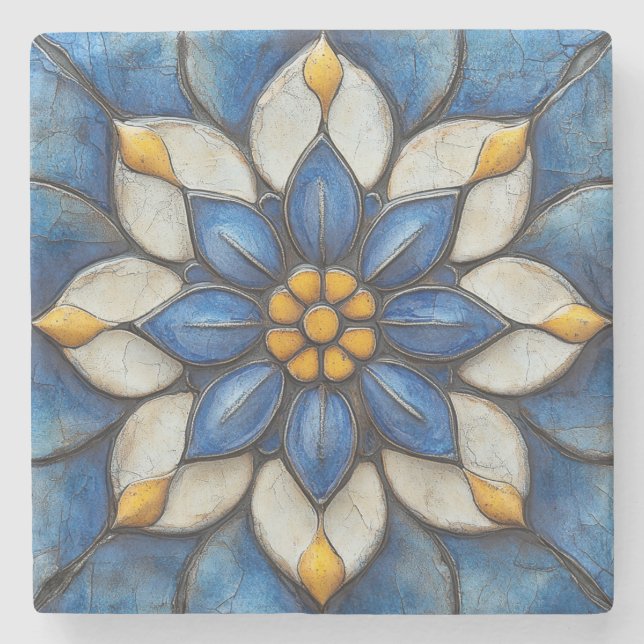 Blommigt Azulejo Blue White och Gult Stenunderlägg (Framsidan)