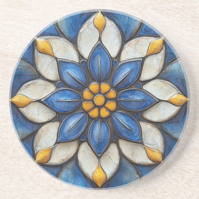 Blommigt Azulejo Blue White och Gult Underlägg (Framsidan)