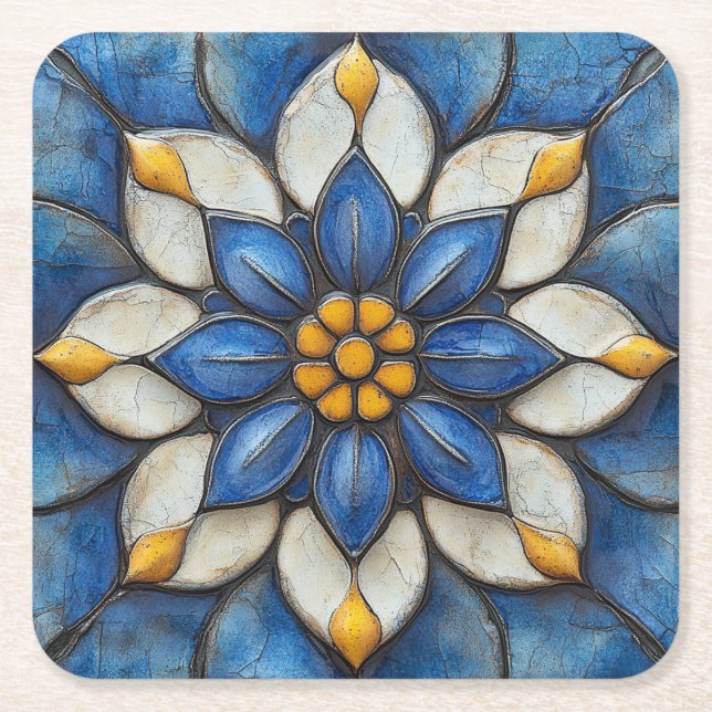 Blommigt Azulejo Blue White och Gult Underlägg Papper Kvadrat (Framsidan)