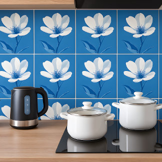 Blommigt Azulejo Mediterranean Blue White Kakelplatta