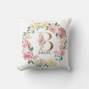 Blommigt B monogram och utandning av blommigt Kudde