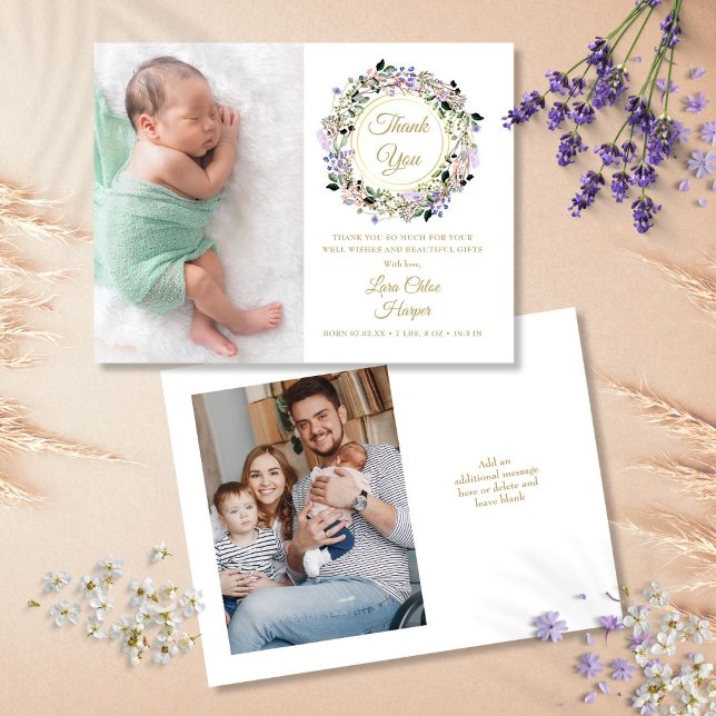 Blommigt Baby 2 Foto Guld Tack Birance Meddelande Vykort (Floral Baby 2 Photo Gold Thank You Birth Announcement Postcard)