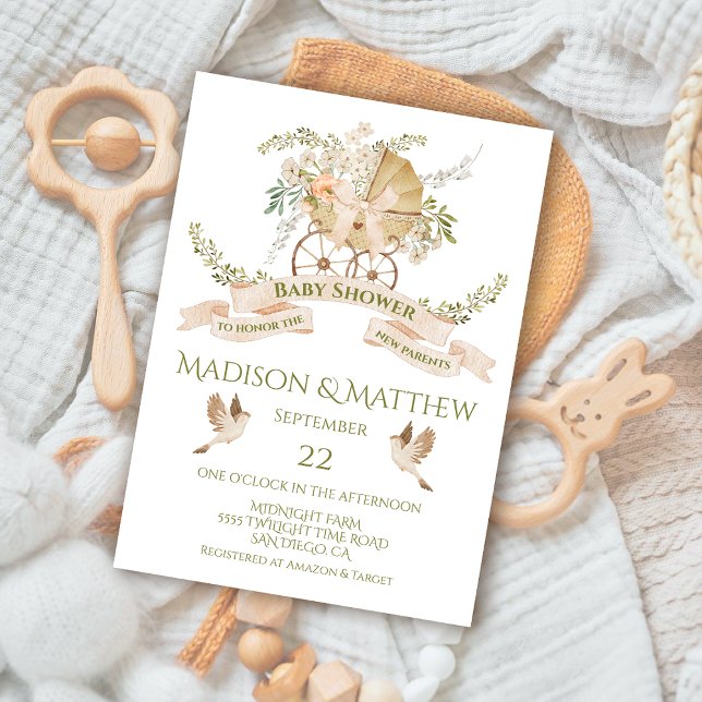 Blommigt Baby Carriage Watercolor Baby Shower Inbjudningar (Skapare uppladdad)